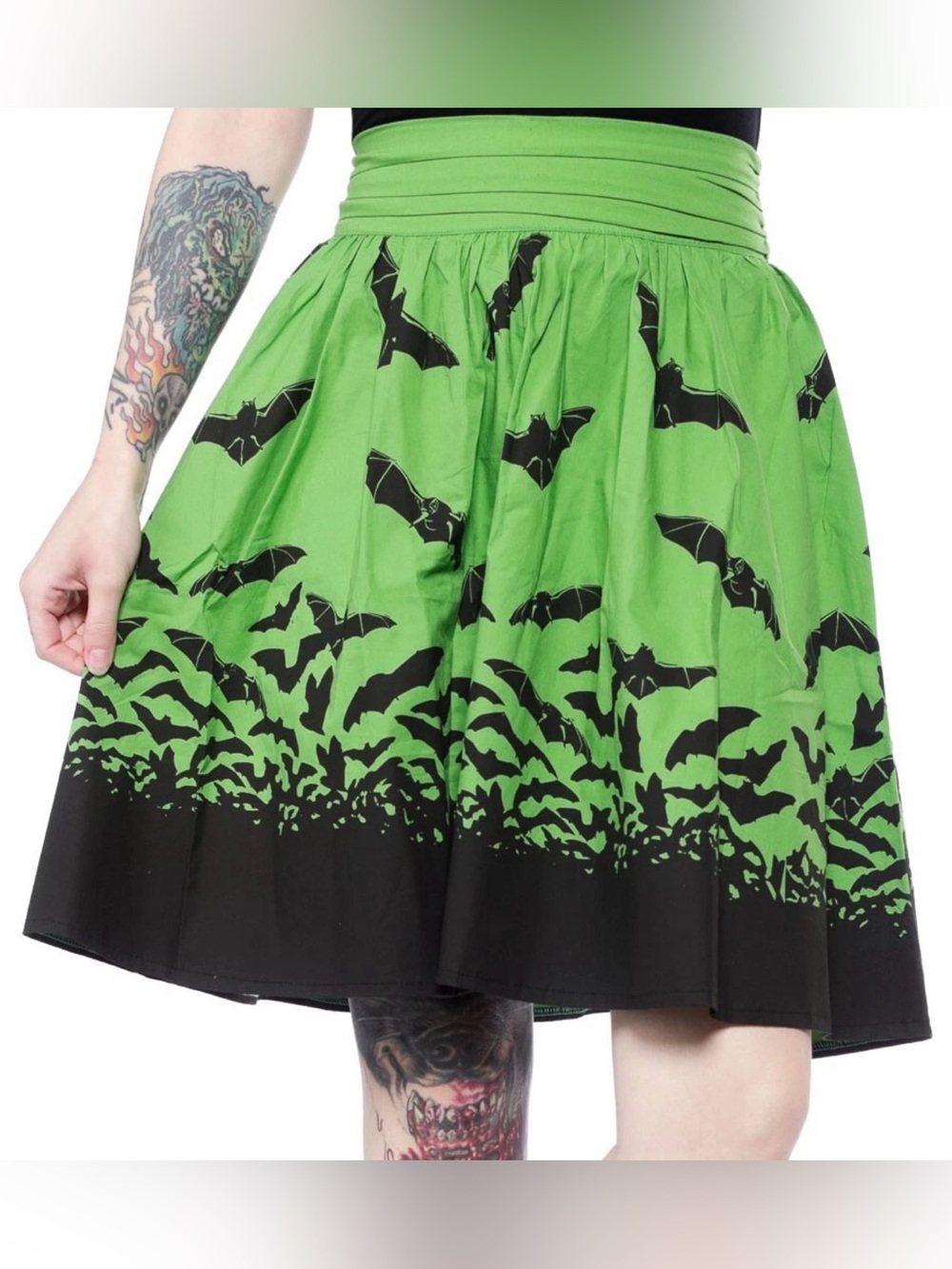 Sourpuss Spooksville Bats Swing Skirt Green Black Halloween Retro Goth Horror SM
